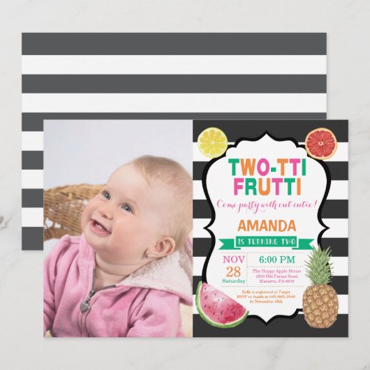 Tutti Frutti Birthday Party Invitation 2nd Bday Kaart (Voorkant / Achterkant)