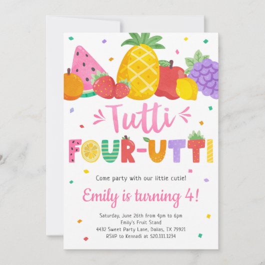 Tutti Frutti Four-utti 4e verjaardag uitnodiging (Voorkant)