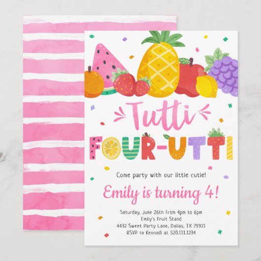 Tutti Frutti Four-utti 4e verjaardag uitnodiging (Voorkant / Achterkant)