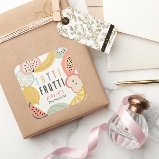 Tutti Frutti Kleurrijke Fruit 2e Verjaardag Vierkante Sticker (Geschenken)