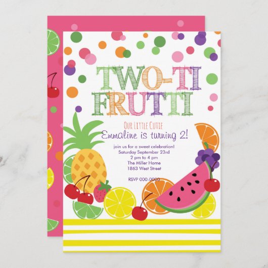 Tutti Frutti Second Birthday INvitation Kaart (Voorkant / Achterkant)