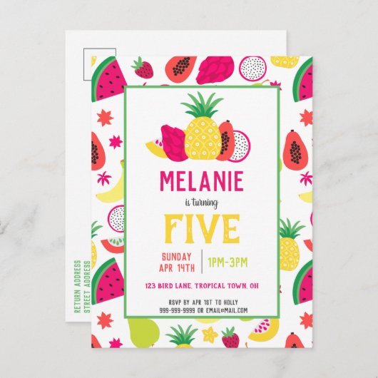 Tutti Frutti Tropisch fruit Verjaardagsfeest Uitnodiging Briefkaart (Voorkant / Achterkant)