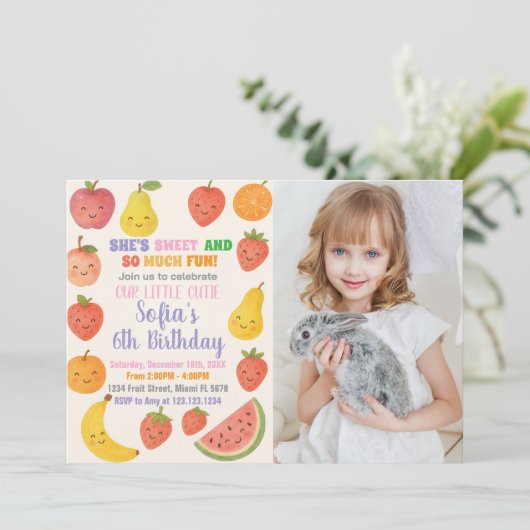 Tutti Frutti Verjaardag Uitnodiging met foto (Staand voorkant)