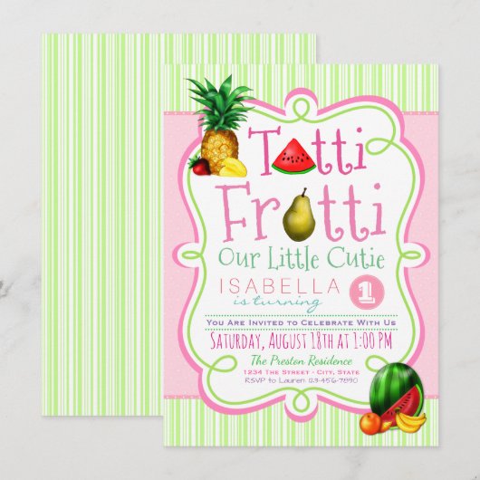 Tutti Frutti verjaardagsfeest uitnodiging (Voorkant / Achterkant)
