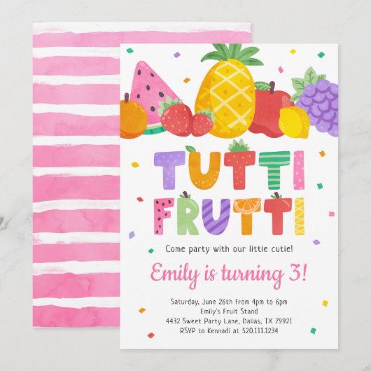 Tutti Frutti verjaardagsuitnodiging Kaart (Voorkant / Achterkant)