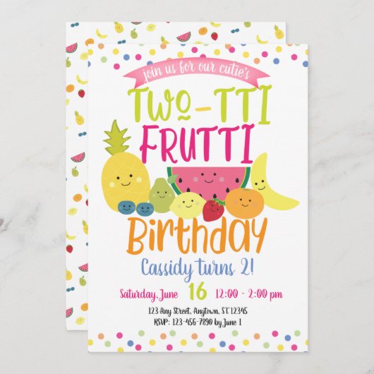 Tutti "Two-tti" Frutti Fun Kids Birthday Party Kaart (Voorkant / Achterkant)
