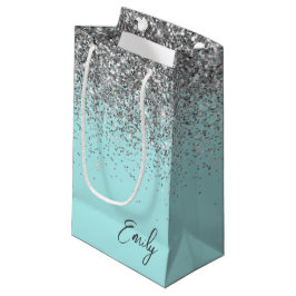 Tuttifrutti Aqua Blauwe Zilveren Glitter Monogram Klein Cadeauzakje