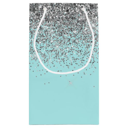 Tuttige Aqua Blauwe Zilveren Glitter Monogram Klein Cadeauzakje (Achterkant)