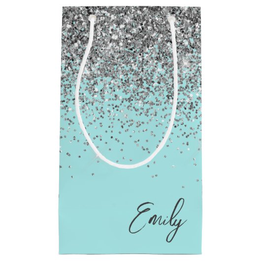 Tuttige Aqua Blauwe Zilveren Glitter Monogram Klein Cadeauzakje (Voorkant)
