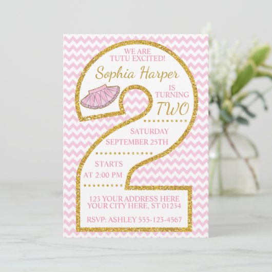 Tutu 2e verjaardag uitnodiging | Ballerina (Staand voorkant)