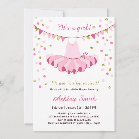 TuTu Baby shower Invitation Girl Pink Gold Glitter Kaart (Voorkant)