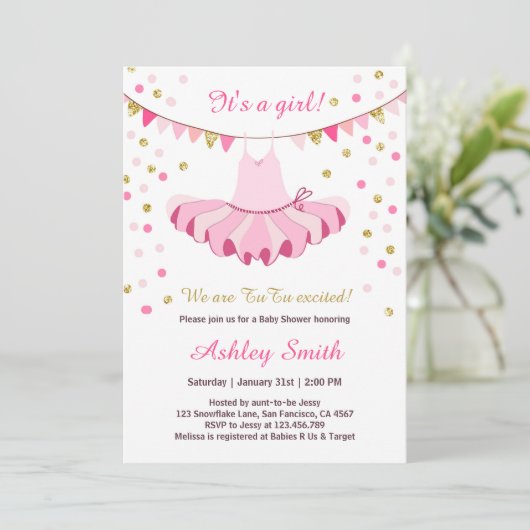 TuTu Baby shower Invitation Girl Pink Gold Glitter Kaart (Staand voorkant)