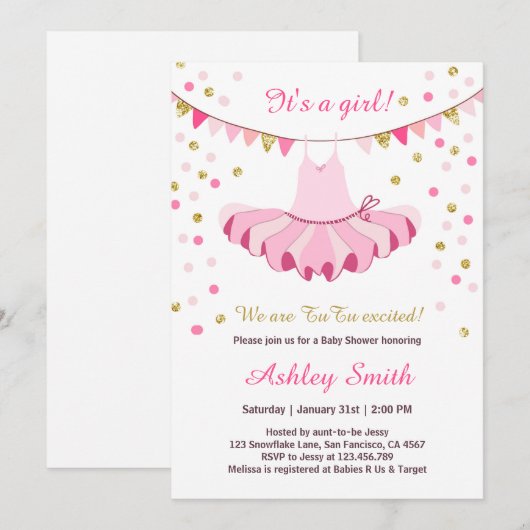 TuTu Baby shower Invitation Girl Pink Gold Glitter Kaart (Voorkant / Achterkant)