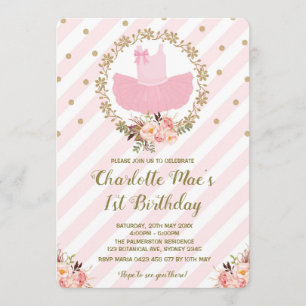 Tutu Ballerina Ballet Birthday Invite Pink & Gold Kaart