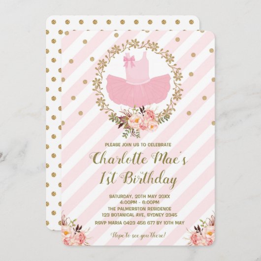 Tutu Ballerina Ballet Verjaardag Nodig Roze & Goud Kaart (Voorkant / Achterkant)