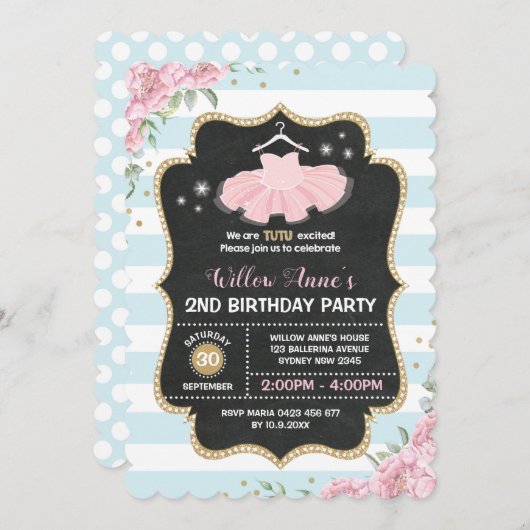 Tutu Ballerina Blauw Roze Gouden Verjaardag Uitnod Kaart (Voorkant / Achterkant)