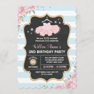 Tutu Ballerina Blue Pink Gold Birthday Invite Kaart