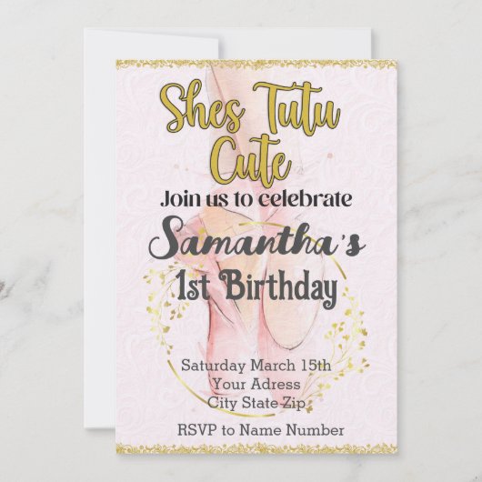 Tutu Ballerina Eerste Verjaardag uitnodiging (Voorkant)
