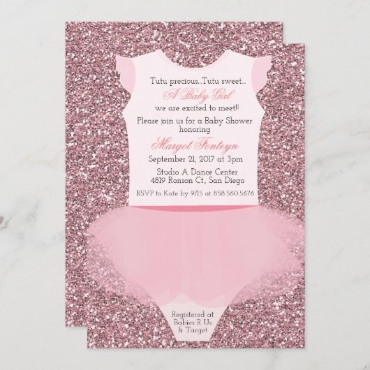 Tutu Ballerina Glitter Baby shower Uitnodiging (Voorkant / Achterkant)