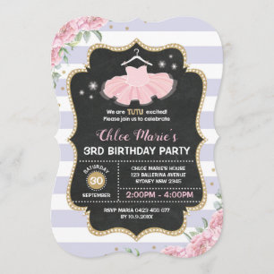 Tutu Ballerina Paars Gold Floral Birthday Invite Kaart