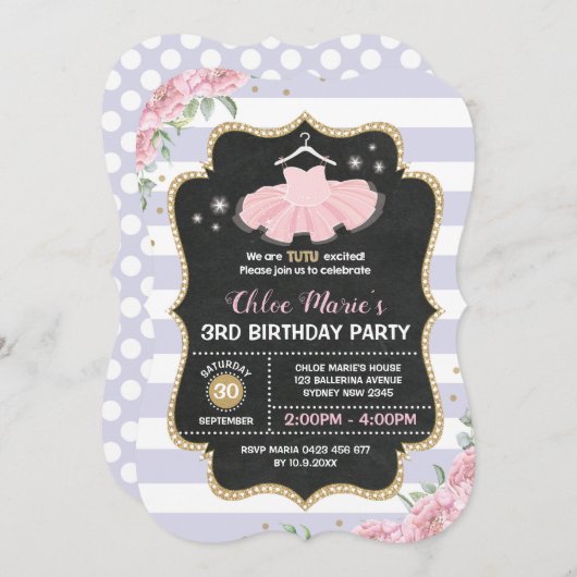 Tutu Ballerina Paarse Gouden Bloemen Verjaardag Ui Kaart (Voorkant / Achterkant)