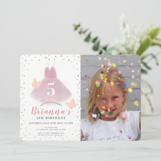 Tutu Ballerina Roze & Wit Meisje Foto Verjaardag Kaart (Staand voorkant)