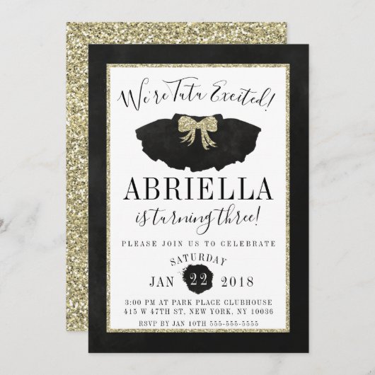 Tutu Birthday Invitation Black en Gold Kaart (Voorkant / Achterkant)