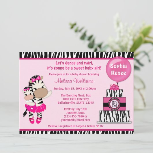TuTu Cute Baby shower nodigt ZEBRA MEISJE mama uit Kaart (Staand voorkant)