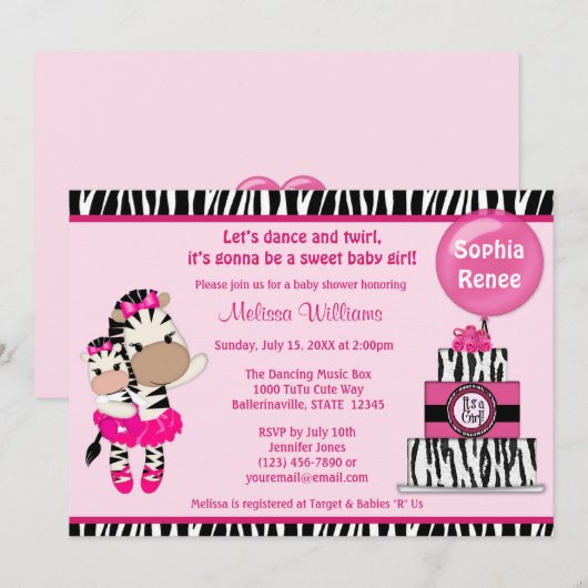 TuTu Cute Baby shower nodigt ZEBRA MEISJE mama uit Kaart (Voorkant / Achterkant)