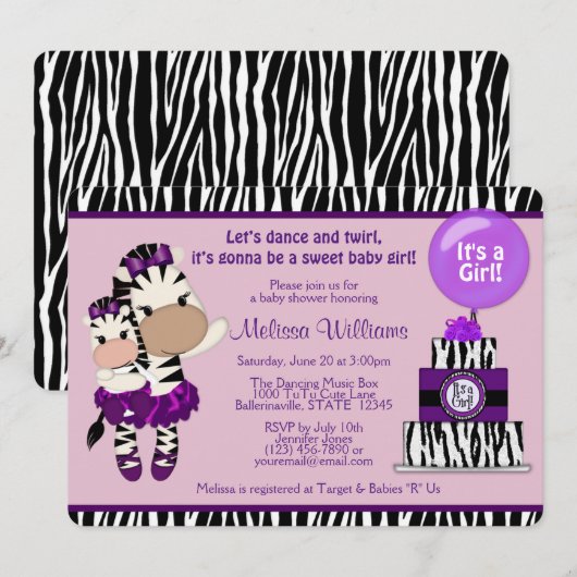 TuTu Cute Baby shower ZEBRA Lavendar Paars 085 Kaart (Voorkant / Achterkant)