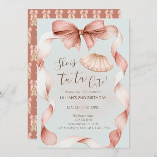 Tutu Cute Ballet Second Birthday Invitation Kaart (Voorkant / Achterkant)