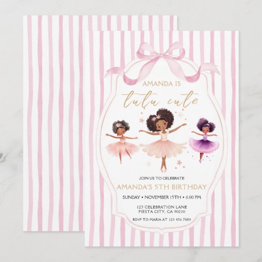 Tutu Cute Birthday Ballerina Pink Bow Invitation Kaart (Voorkant / Achterkant)