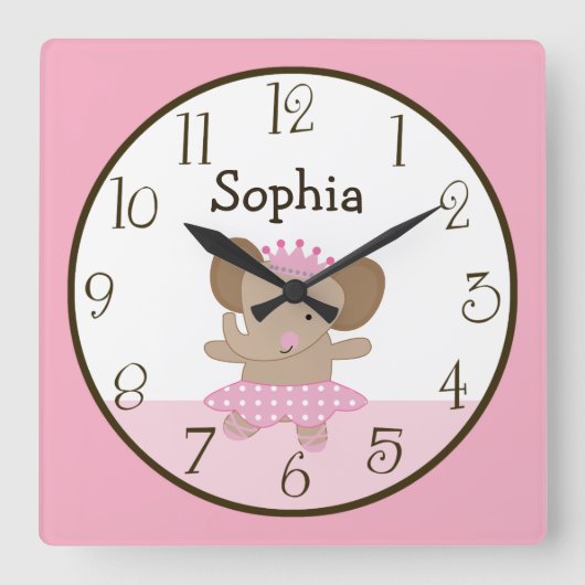 Tutu Cute/Elephant Ballerina Kind Clock Vierkante Klok (Voorkant)