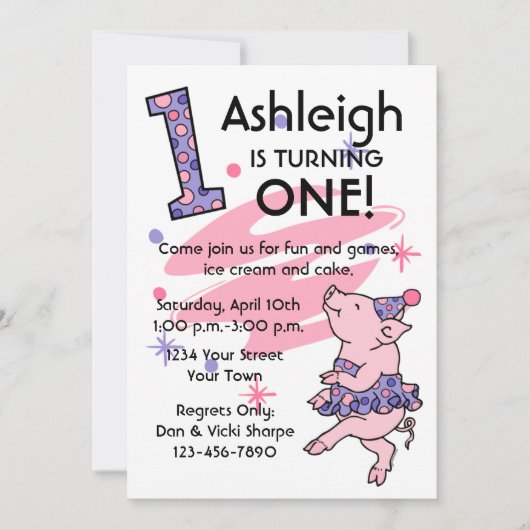 Tutu Piggy 1st Birthday Custom Invitations Kaart (Voorkant)