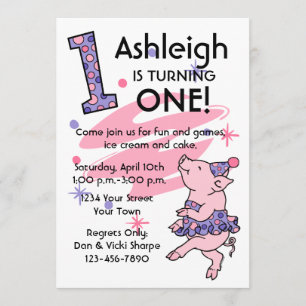 Tutu Piggy 1st Birthday Custom Invitations Kaart