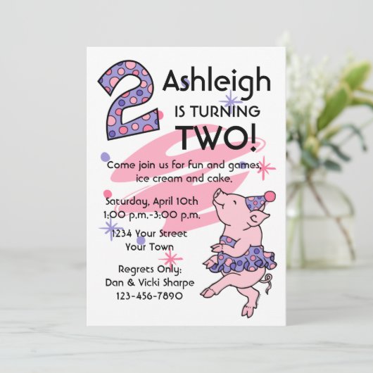 Tutu Piggy 2e verjaardag - Aangepaste uitnodiginge Kaart (Staand voorkant)