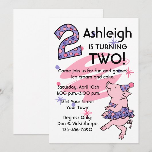 Tutu Piggy 2e verjaardag - Aangepaste uitnodiginge Kaart (Voorkant / Achterkant)
