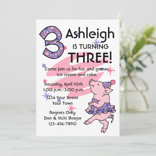 Tutu Piggy 3rd Birthday - Aangepaste uitnodigingen (Staand voorkant)