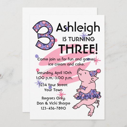 Tutu Piggy 3rd Birthday - Aangepaste uitnodigingen (Voorkant / Achterkant)