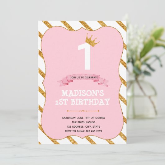 Tutu princess 1e verjaardag roze uitnodiging (Staand voorkant)