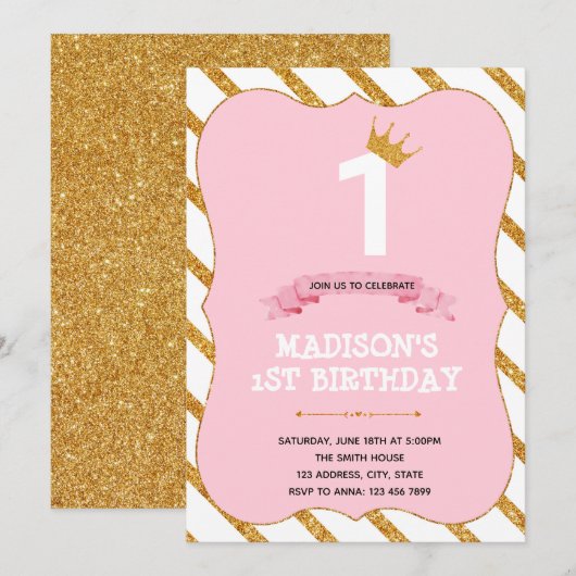 Tutu princess 1e verjaardag roze uitnodiging (Voorkant / Achterkant)