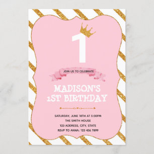 Tutu princess 1e verjaardag roze uitnodiging