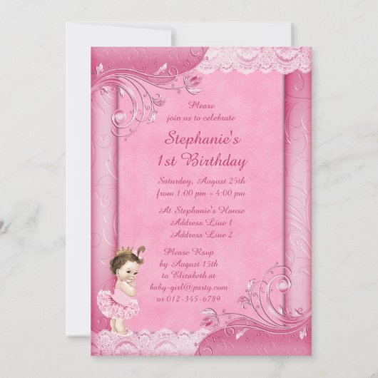 Tutu Schattige Brunette Prinses 1e Verjaardag Faux Kaart (Achterkant)