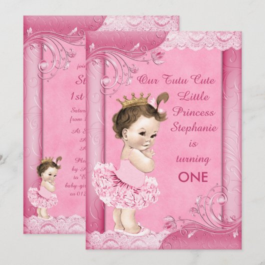 Tutu Schattige Brunette Prinses 1e Verjaardag Faux Kaart (Voorkant / Achterkant)