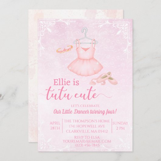 tutu schattige roze ballerina waterverf uitnodigin kaart (Voorkant / Achterkant)