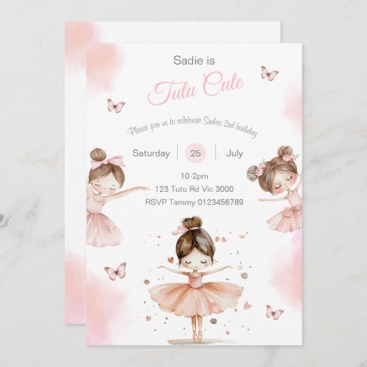 Tutu Schattigee ballerina 2e verjaardagsuitnodigin Kaart (Voorkant / Achterkant)