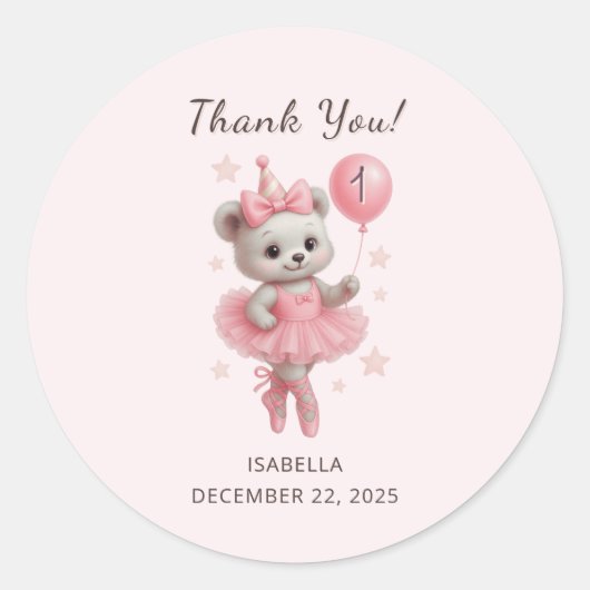 Tutu Schattigee Ballerina Beer 1e Verjaardag Dank Ronde Sticker (Voorkant)