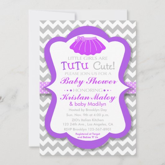 Tutu Schattigee Paarse Baby shower Uitnodiging (Voorkant)