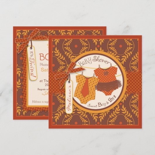 Tutu & Stropdas & Najaar Damask Vine Twins Baby sh Kaart (Voorkant / Achterkant)