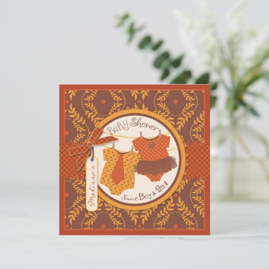 Tutu & Stropdas & Najaar Damask Vine Twins Baby sh Kaart (Staand voorkant)